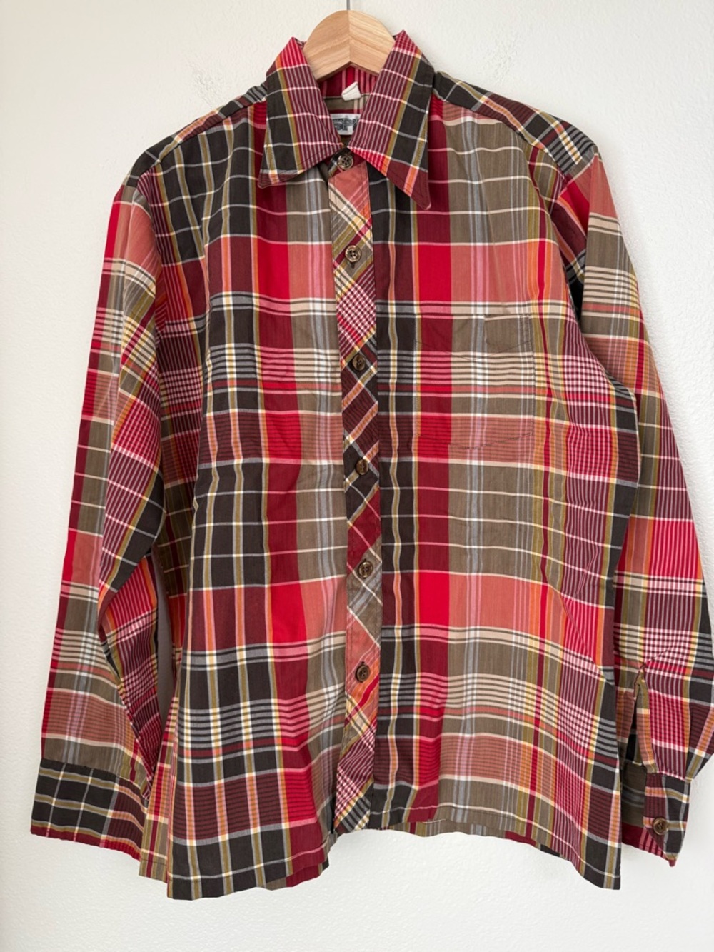 Vintage 70s Spire of California Plaid Shirt-Dagger Collar-Earth Tones-Large-Rare